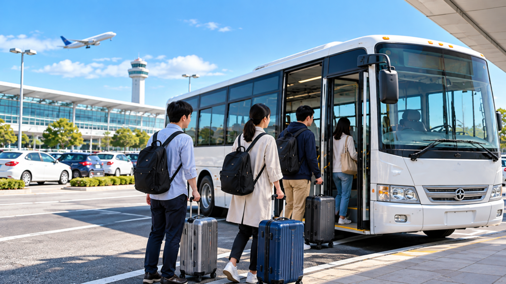 新千歳空港C駐車場からの移動をイメージした、スーツケースを持って空港送迎バスに乗り込む旅行者。
