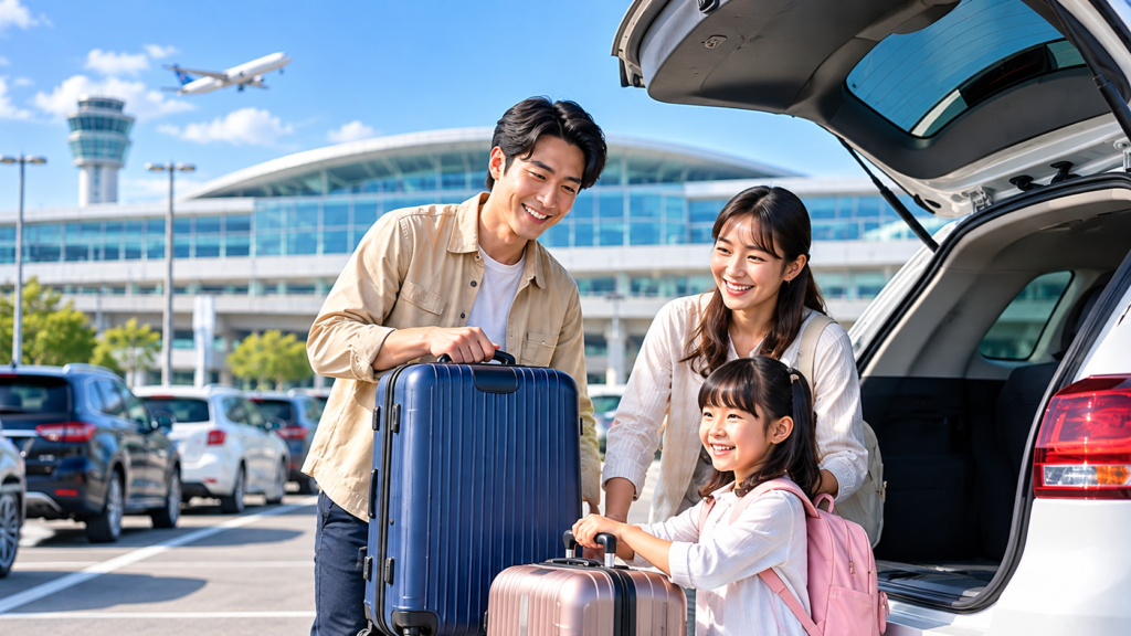 新千歳空港の長期駐車をイメージした、駐車場で車からスーツケースを準備する日本人家族。