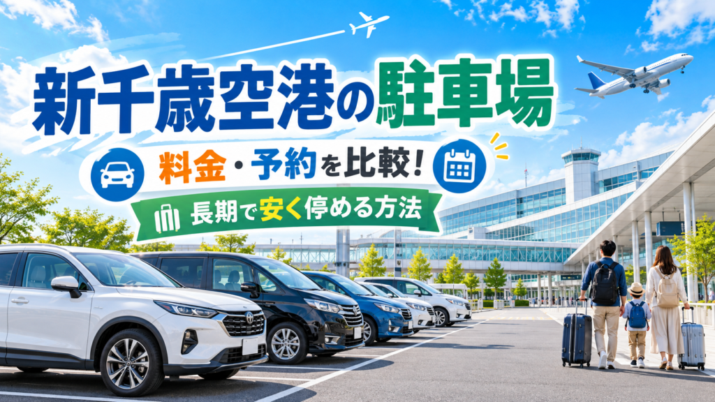 新千歳空港の駐車場料金と予約方法を比較するガイド画像。空港ターミナル前の駐車場や飛行機、旅行者の家族を紹介。