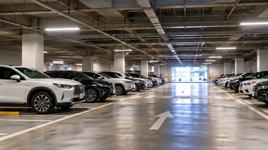 パシフィコ横浜の公式駐車場を比較するための、乗用車やSUVが並ぶ地下駐車場のイメージ