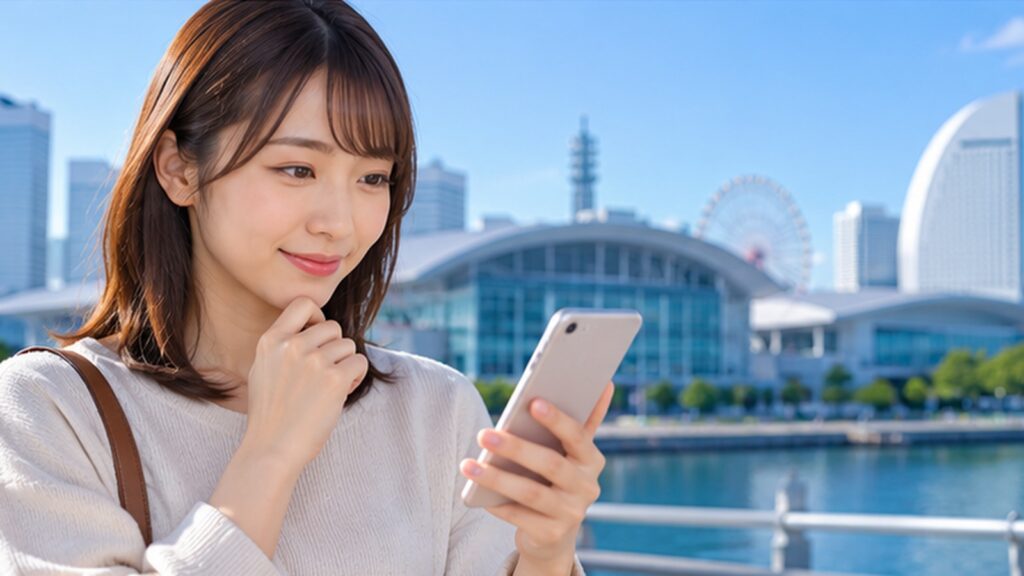 パシフィコ横浜を背景に、スマートフォンで周辺の予約駐車場を探す日本人女性のイメージ