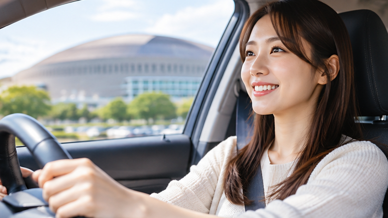 PayPayドームを背景に車を運転する日本人女性と周辺駐車場の様子
