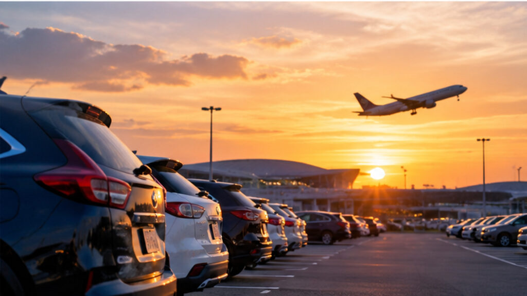 仙台空港での長期駐車をイメージした、夕焼けの空港駐車場に並ぶ車と離陸する旅客機