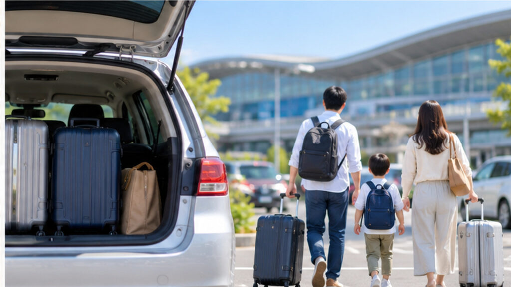 仙台空港の家族旅行での駐車場利用をイメージした、荷物を積んだ車とスーツケースを持って空港へ向かう日本人家族