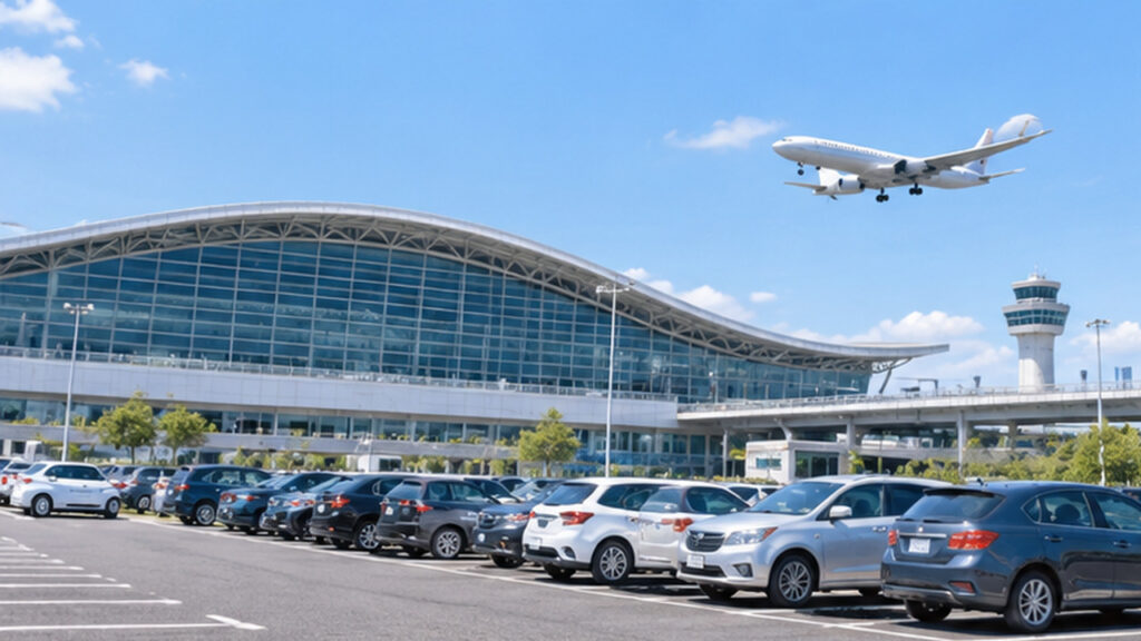 仙台空港の公式駐車場の料金比較をイメージした、空港ターミナル前に並ぶ車と上空を飛ぶ旅客機