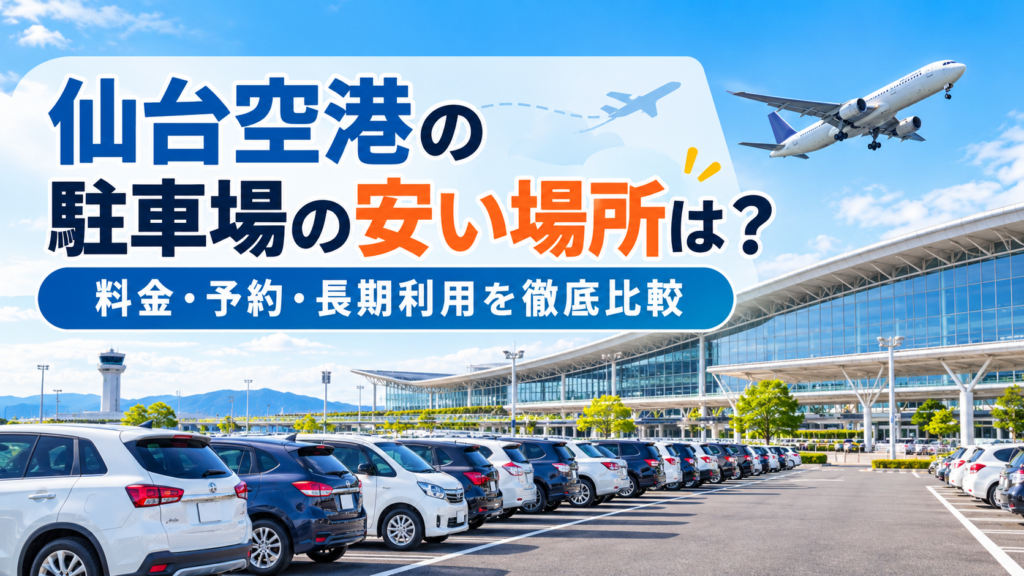 仙台空港の駐車場と飛行機を背景に、安い駐車場の料金・予約方法・長期利用を比較するアイキャッチ画像
