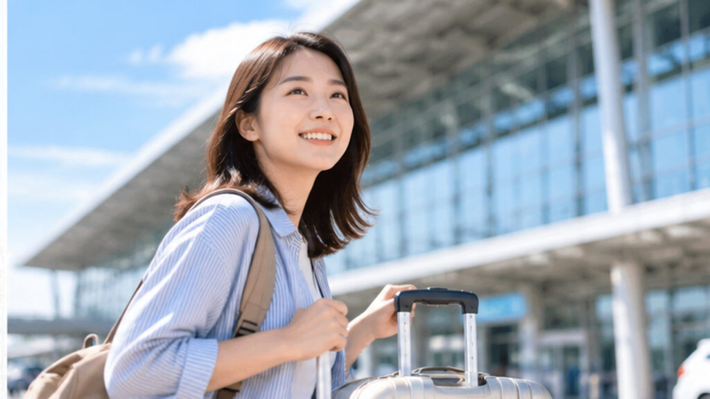 仙台空港の駐車場予約をイメージした、空港ターミナル前でスーツケースを持つ日本人女性