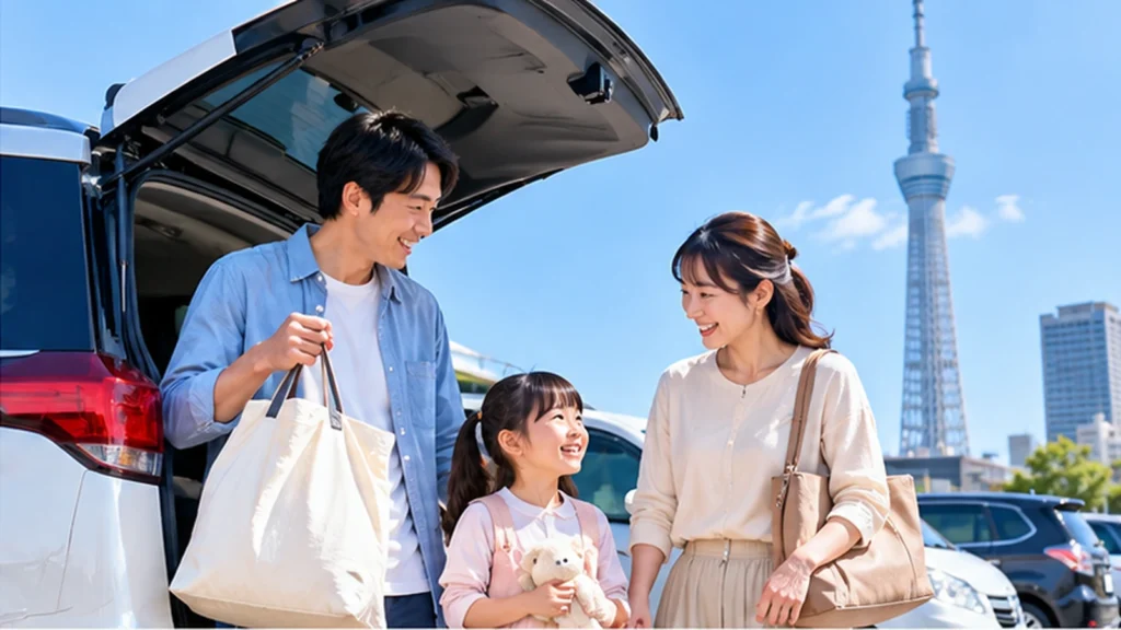 スカイツリー近くの駐車場で車から荷物を降ろす日本人家族