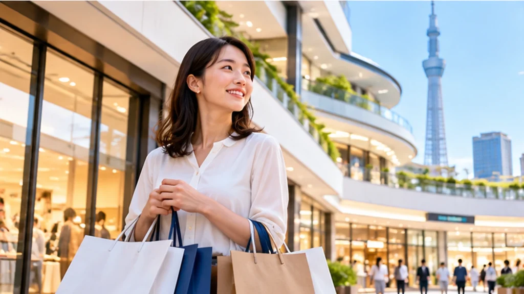 東京スカイツリーを背景に商業施設で買い物を楽しむ女性