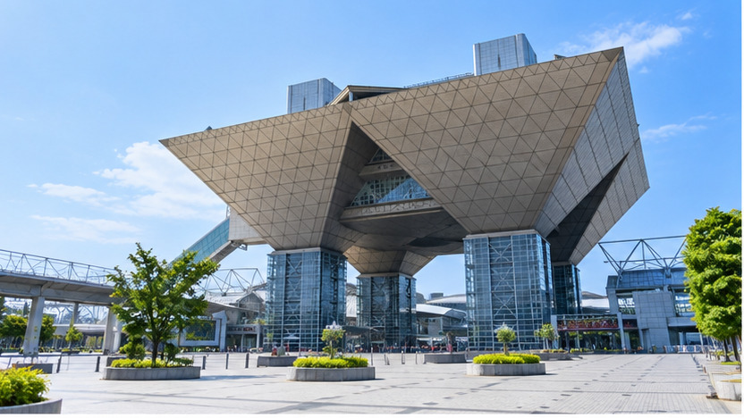 東京ビッグサイトの特徴的な展示場外観と広々とした正面広場