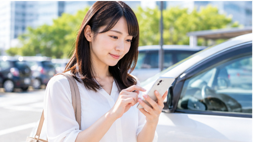 駐車場で白い車の横に立ちスマートフォンを操作する日本人女性